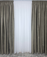 Set Selma: Perdea Voal Alb Si Draperie Catifea Cafea cu Lapte